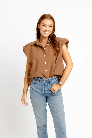 Solid Poplin Bubble Sleeve Button Top