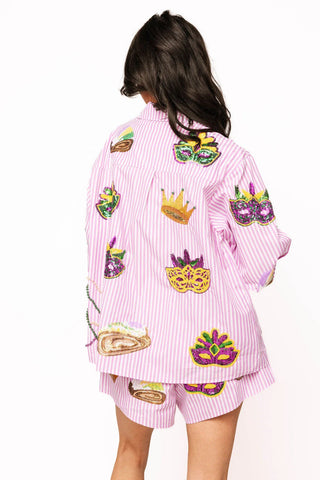 Striped Cotton Mardi Gras Icon Top - Purple & White