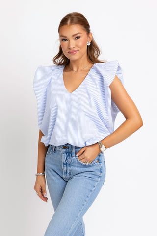 Stripe V Neck Poplin Bubble Top