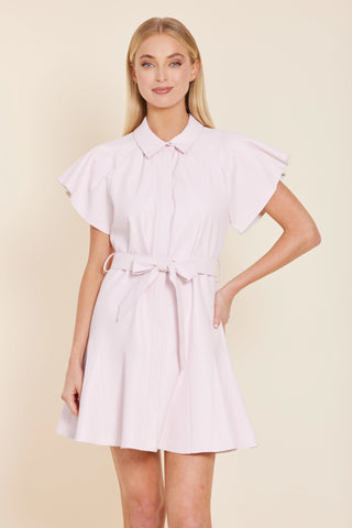 Vegan Leather Pleated Sleeve Belted Dress