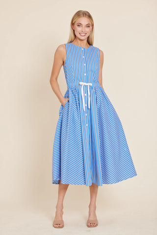 Poplin Long Stripe Dress with Drawstring
