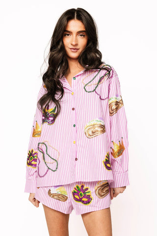 Striped Cotton Mardi Gras Icon Top - Purple & White