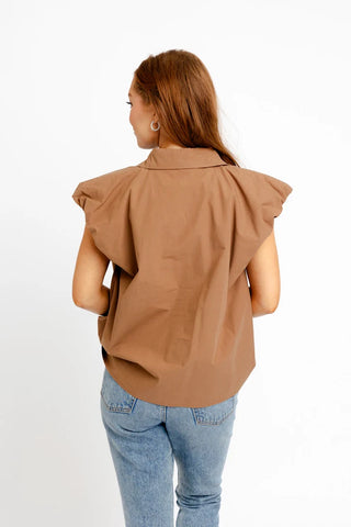 Solid Poplin Bubble Sleeve Button Top