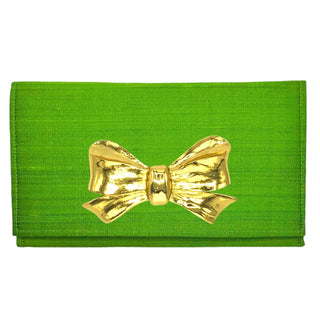 Emerald Dupioni Silk Clutch with Customized Gold Accent/ Big Bow