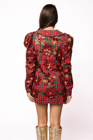 Red Plaid Poinsettia Oversized Collar Poof Sleeve Dress