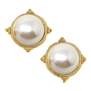 Gold and White Pearl Cabochon Earrings