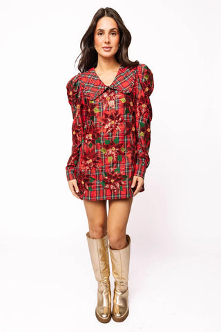 Red Plaid Poinsettia Oversized Collar Poof Sleeve Dress
