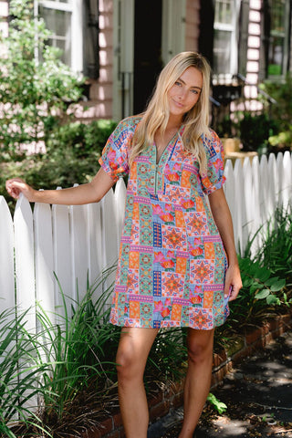 Briton Court Lilah Zip Front Mini Patchwork Print Dress Qut / XS
