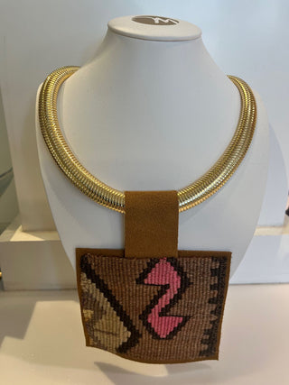 Square Tan Pendant w/ pop of pink + Gold Snake Chain