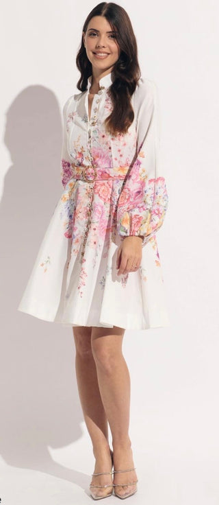 Floral Long Sleeve Assorted Button Short Dress