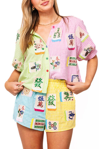 Colorblock Gingham Mahjong Tile Button Up Top