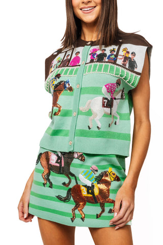 Multi Derby Race Scene Knit Button Up Vest